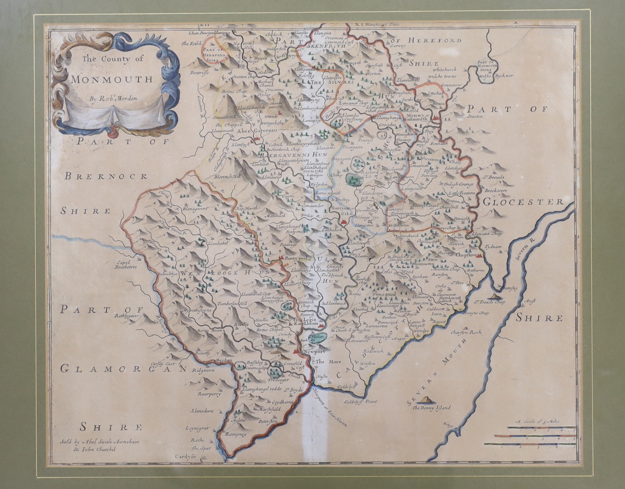 Robert Morden (1650-1703) five antique hand coloured maps, comprising Sussex, Monmouthshire, Staffordshire, Gloucestershire and Derbyshire, 35 x 42cm